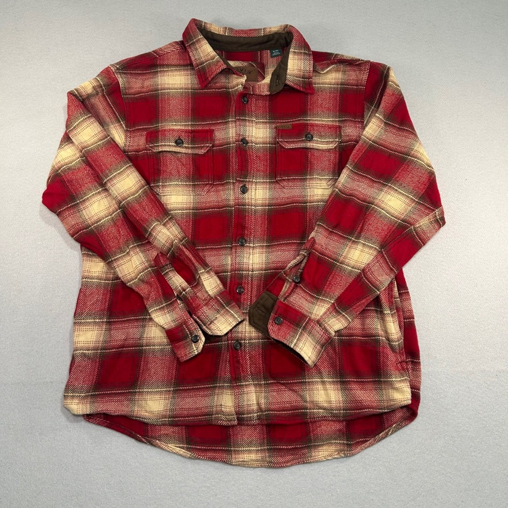 Orvis Flannel Shirt Mens XL Red Plaid Fleece Lined Collar Cotton Big Bear